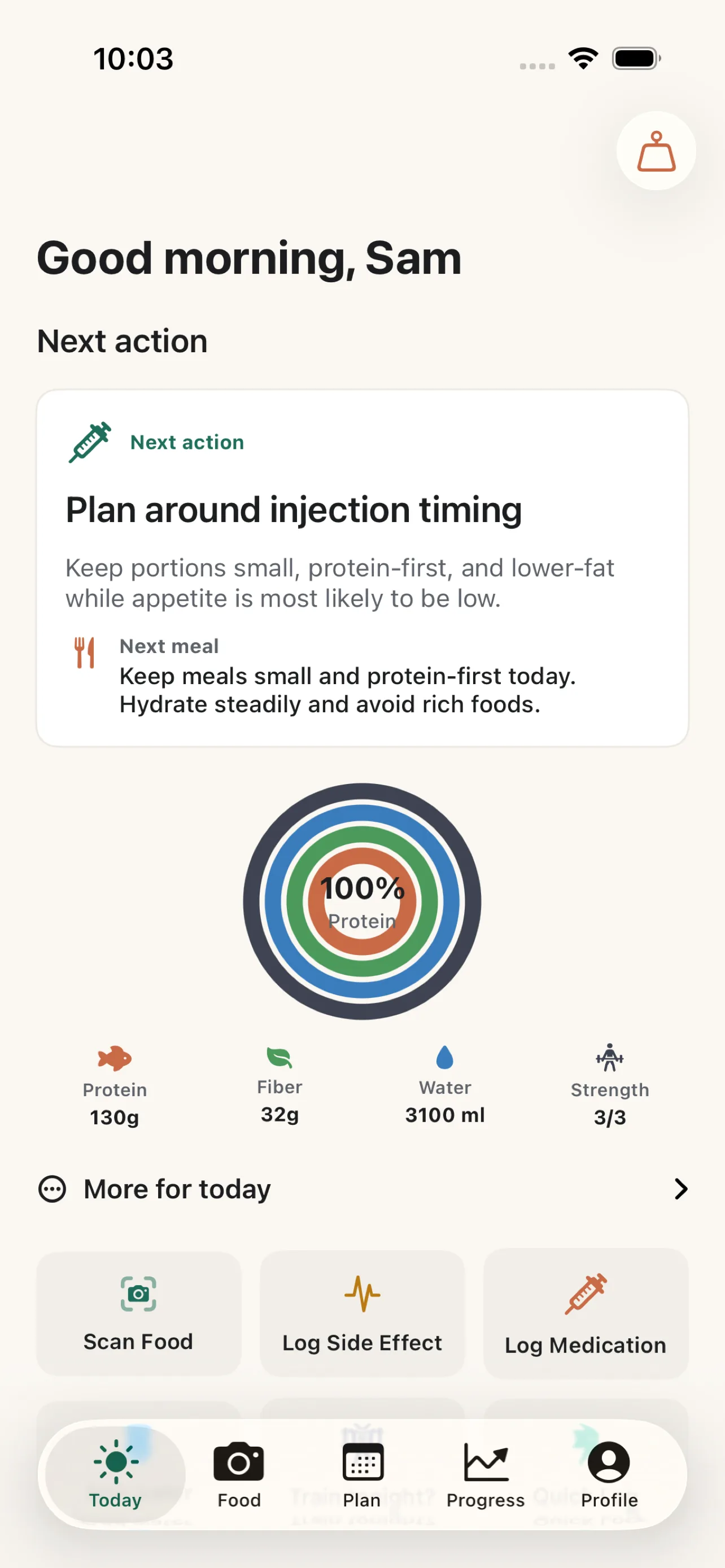 Today screen showing the next-meal action with protein, fiber, and hydration progress.
