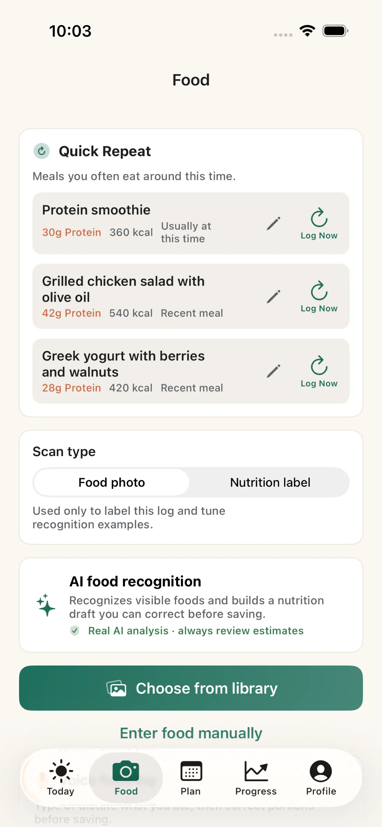 AI food scan with quick portion and ingredient correction after photo recognition.