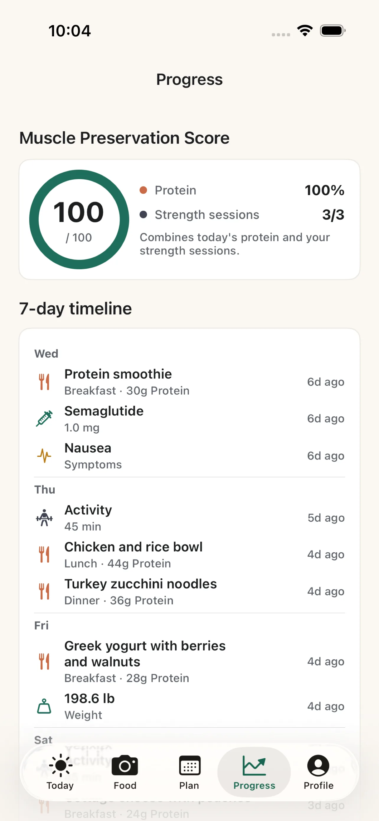 Unified progress view tracking protein, fiber, water, and recent meals.