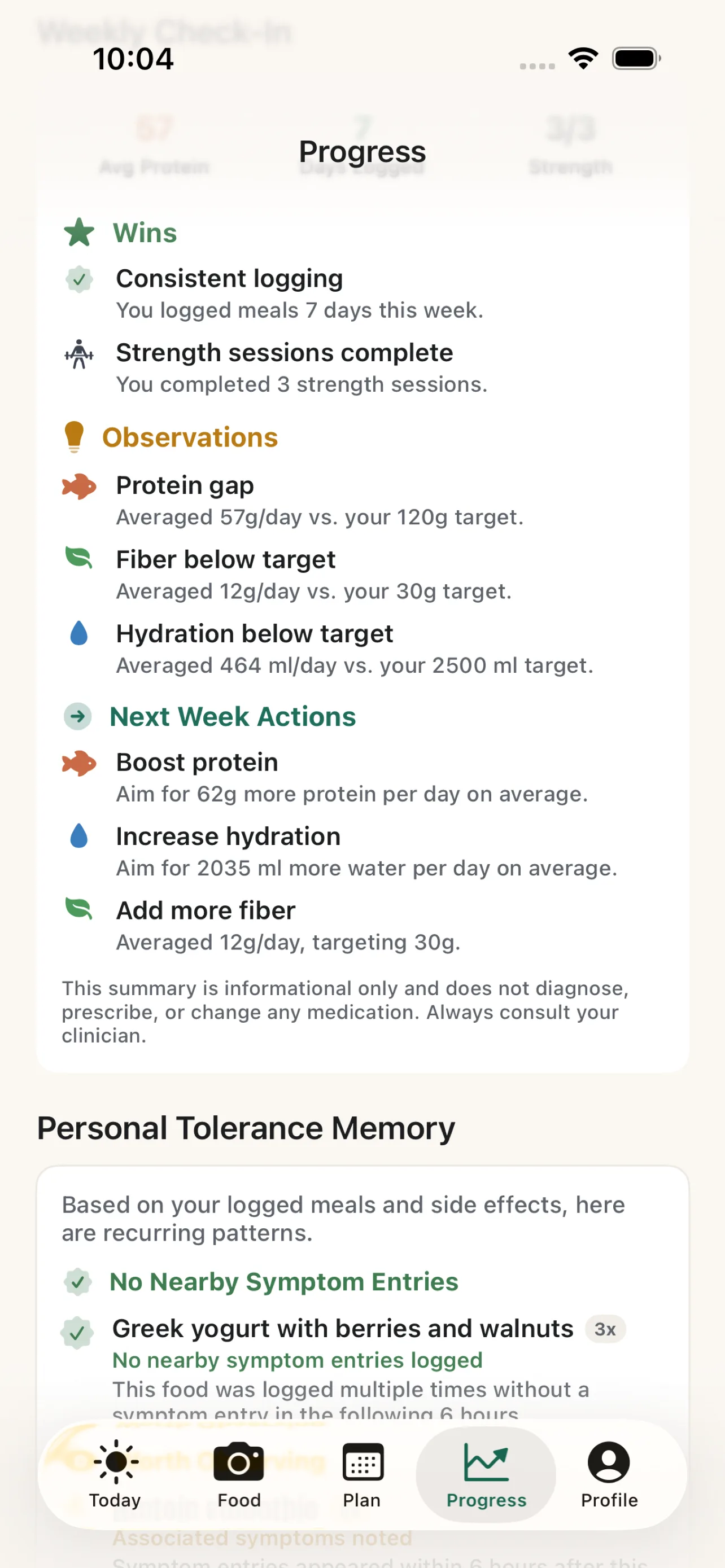 Paid insights screen with personalized recommendations and weekly check-in.