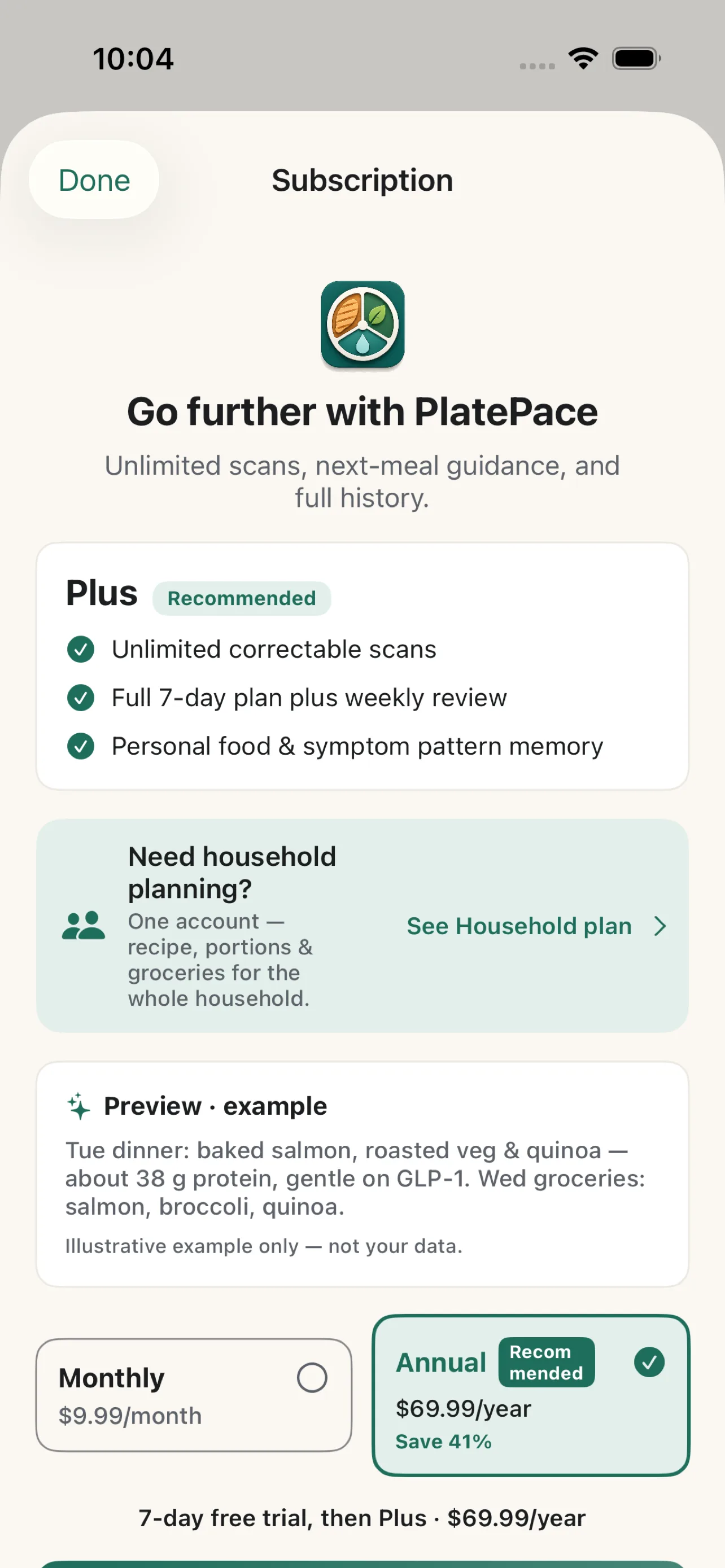 Plus subscription plan showing monthly and annual pricing and benefits.