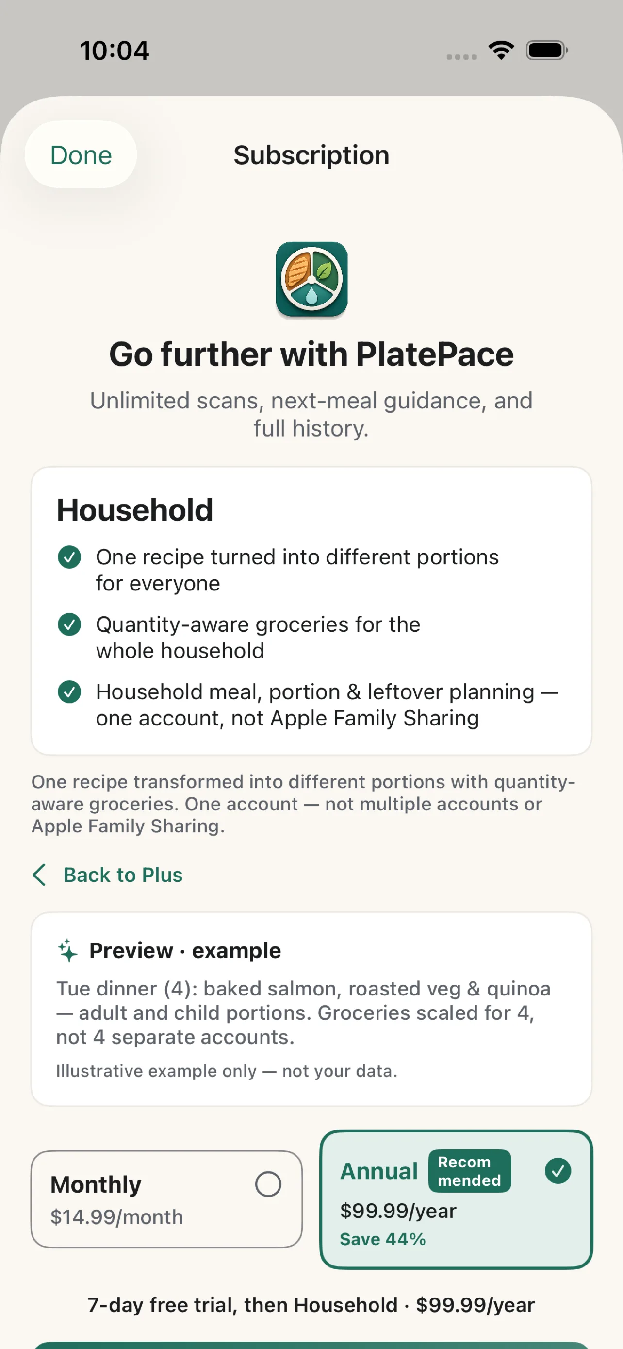 Household subscription plan for shared family meal planning and grocery lists.